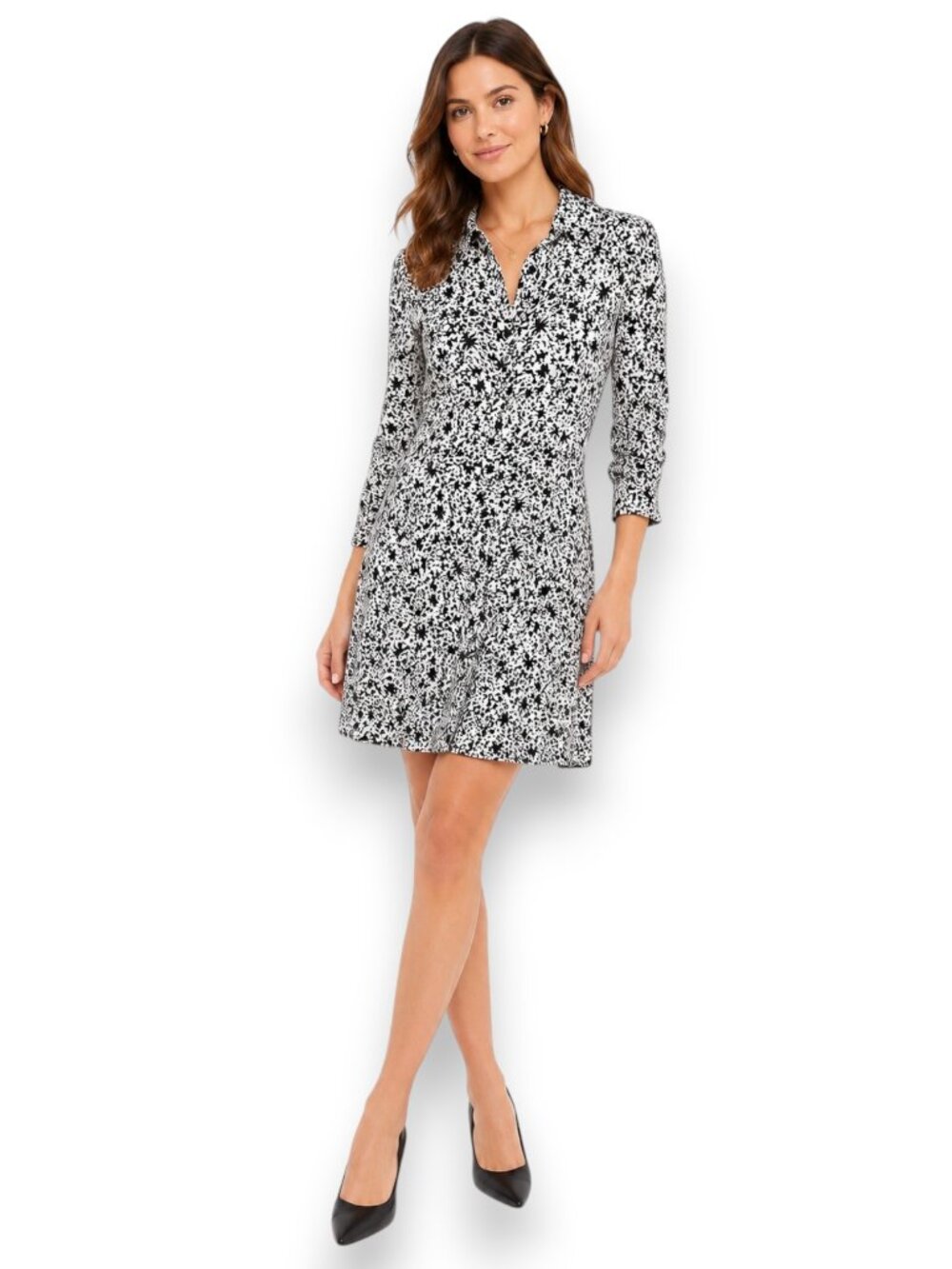 Whistles Abstract Print Mini Shirt Dress Black White Collared Button Front Sz 8